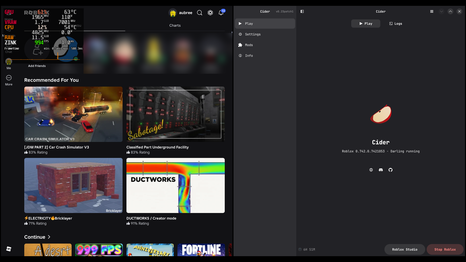 The Roblox home screen running through Cider on Linux, with the Cider launcher beside it