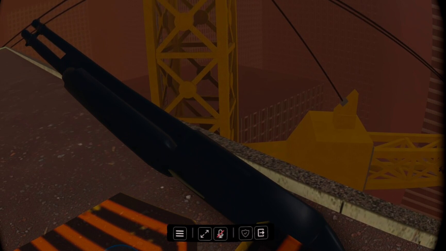 Roblox's own VR mode through Cider, seen in one lens of a Meta Quest 2: a shotgun held in the tracked hand in front of a bridge at sunset